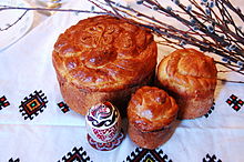 Traditional Ukrainian paska bread with a pysanka and willow switches Martiniouk Paska.JPG