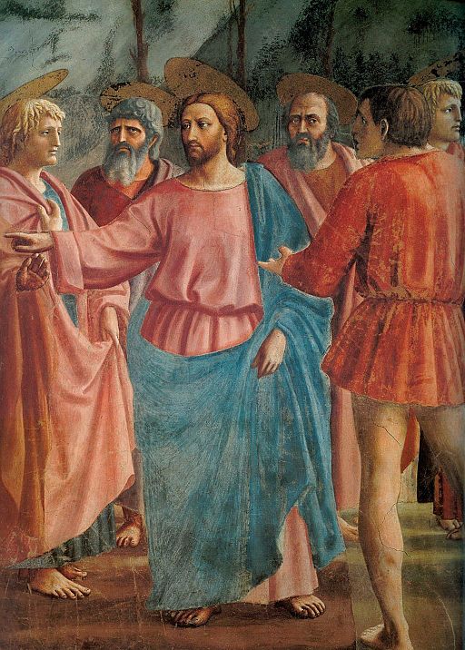Masaccio, Il Pagamento del Tributo (detail, Cristo tra gli apostoli), fresco in de Cappella Brancacci, Santa Maria del Carmine, Firenze