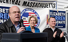 (l-r) McGovern campaigning in 2012 on behalf of U.S. Senate candidate Elizabeth Warren, alongside Lieutenant Governor Tim Murray at an Auburn rally. McGovern, Warren and Murray 2.jpg