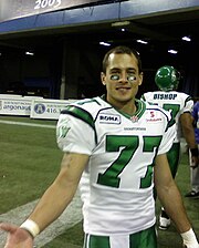 Michael Palmer, born October 31, 1980, played wide receiver for the University of Guelph. He later moved on to become a player of the Toronto Argonauts and the Saskatchewan Roughriders. Michael Palmer (football player).jpg