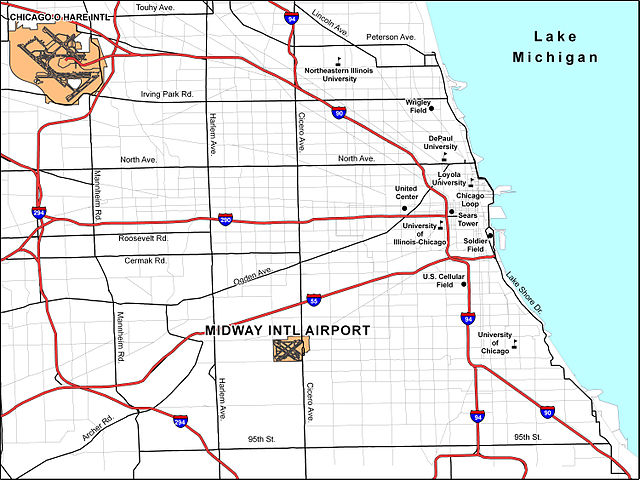 The Chicago area, featuring Chicago Midway and O'Hare International Airports