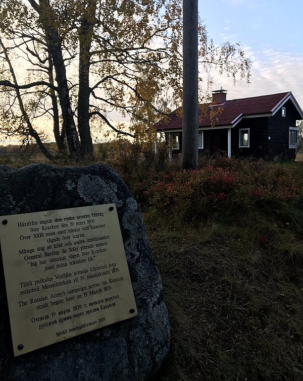 Memorial plaque commemorating the Russian army's crossing of Kvarken in 1809 in Björköby, Finland.