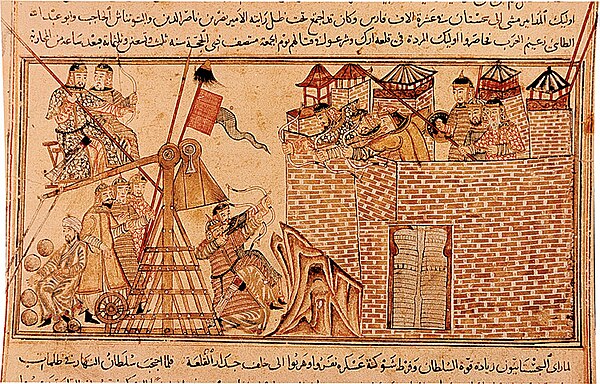 Counterweight trebuchet used in a siege from the Jami' al-tawarikh, c. 1306-18