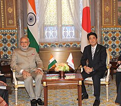 Prime Ministers Narendra Modi and Shinzo Abe, during former's bilateral visit to Japan, 2014. Narendra Modi and Shinzo Abe, 2014.jpg