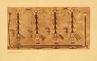 Рисунок на песке, выполнен мастером из племени навахо, около 1907. Как писал Кёртис, это был "один из четырёх искусных рисунков на песке, изображённых на алтаре для 9-дневной церемонии"