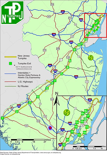 Map of the New Jersey Turnpike, including interchange locations and other surface highways in New Jersey
