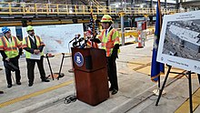 Connecticut governor Dannel Malloy visited New Haven Yard in 2014 to discuss the facility's upgrade New Haven Rail Yard upgrade and expansion update (14373072243).jpg