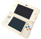 The New Nintendo 3DS in the White color, open and showing the top and bottom screens.