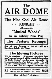 Newspaper ad for film at outdoor "Air Dome" theater in Conway, Arkansas, July 1909 Newspaper ad for Biograph films and other entertainment at Air Dome theater in Arkansas, 1909.jpg