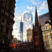 Trinity Church in Manhattan One World Trade Center and Trinity Church.JPG