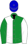 Green and white (halved), reversed sleeves, blue cap