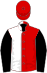 Red and white (halved), black sleeves, red cap