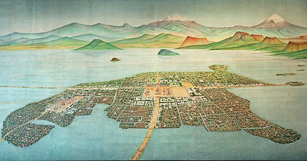 Artistic depiction of Mexico-Tenochtitlan, the Aztec capital and largest city in the Americas at the time. The city was completely destroyed in the 15