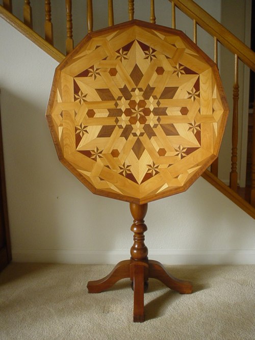 In contrast, this tilt-top table is veneered in a parquetry pattern by Isaac Leonard Wise, circa 1934.