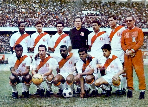 Peru in 1968, wearing their traditional kit. The distinctive red "sash" has been emblazoned across Peru's white shirts continuously since 1936.