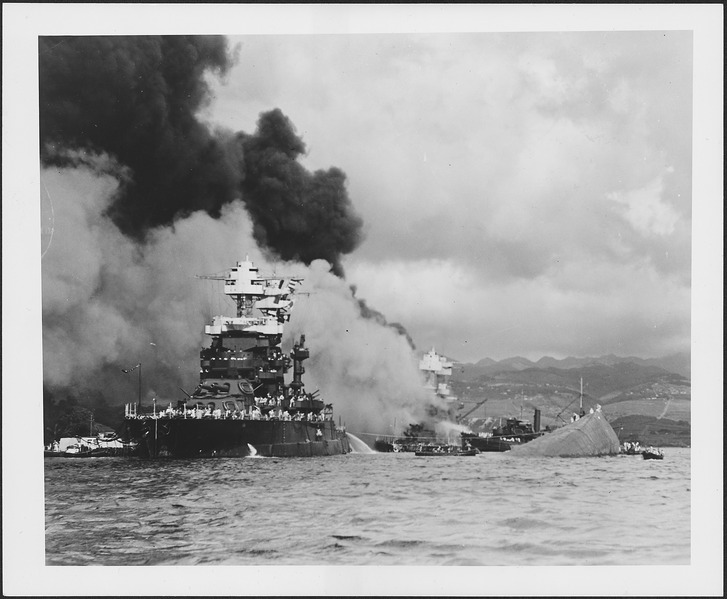 File:Photograph of the capsized USS Oklahoma and a slightly damaged USS Maryland - NARA - 306553.tif