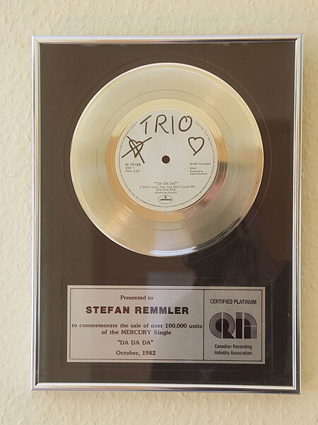 Platinum record for Trio's 'Da Da Da', issued by the Canadian Recording Industry Association in October 1982