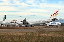 Plus Ultra Lineas Aereas A340-300 at Teruel Airport Plus Ultra Lineas Aereas EC-MFB at LETL.jpg