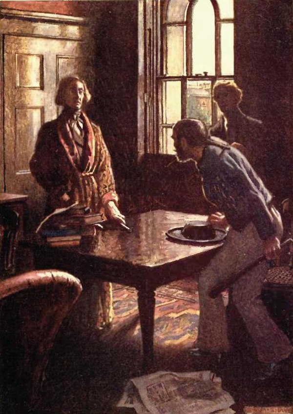 The moment Dupin questions the sailor about the murders. Illustration by Byam Shaw for a London edition dated 1909 with caption "The sailor's face flu