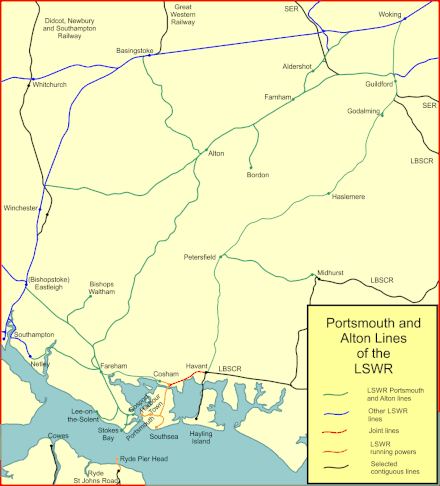 System map of the Portsmouth and Alton lines of the LSWR