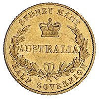 Gold coin showing a wreath enclosing AUSTRALIA