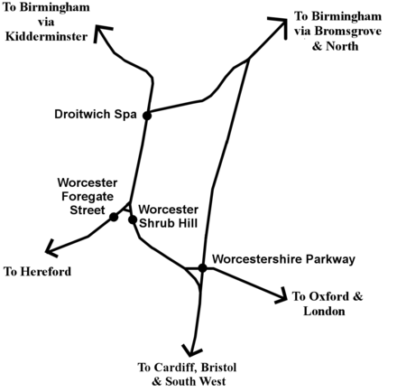 Map of railways around Worcester, showing location of stations