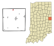 Randolph County Indiana Sisällytetyt ja rekisteröimättömät alueet Ridgeville Highlighted.svg