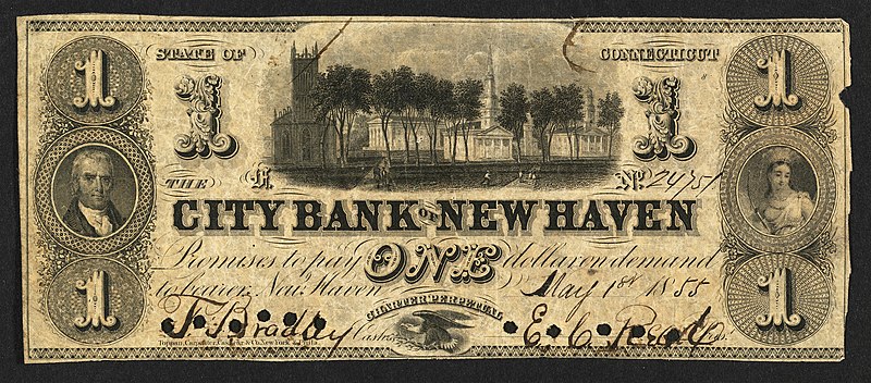 File:Recto City Bank of New Haven (Connecticut) 1 dollar 1855 urn-3 HBS.Baker.AC 1141873.jpeg