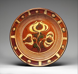 American redware slip-decorated dish, around 1800 Redware Slip-decorated dish MET DP335286.jpg