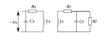 Type p-p basic transmitter and receiver circuits, Rs and Rr are the resistances and losses in the associated capacitors and inductors. Ls and Lr are coupled by small coupling coefficient, k, usually below 0.2 Resonantpowertransfer.svg