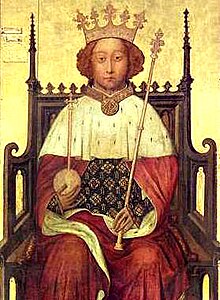 Peinture médiévale représentant un homme assis sur un trône. Il porte une couronne, un manteau rouge avec un revers en hermine et tient un sceptre et un globe.