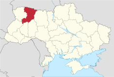 Kiovan alue Ukrainassa, alla Ostrohin sijainti alueella.