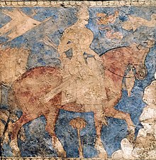 Legendary Iranian king Rostam, depicted in this 7th century CE mural at Panjikent, Sogdia, with an elongated skull in the fashion of the Alchon Huns Rostam, Iranian hero, mythical king of Zabulistan. Panjikent, 7th century CE.jpg