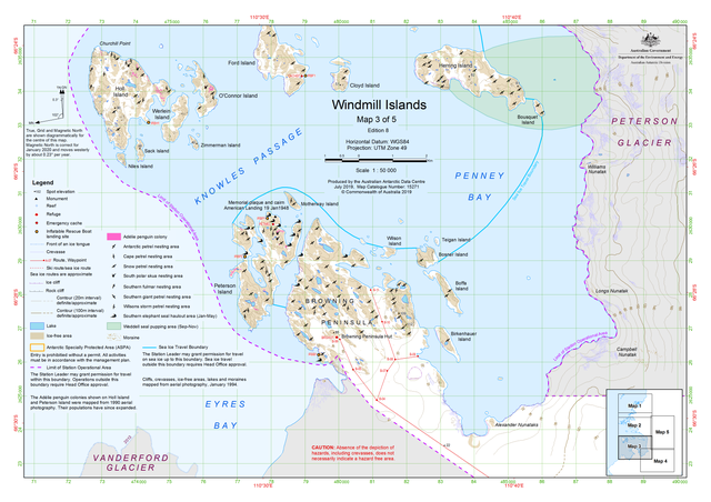 Karte der südlichen Windmill-Inseln mit der Penney Bay (rechts)