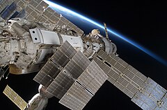 Zarya as seen in 2009 during STS-128, solar arrays folded