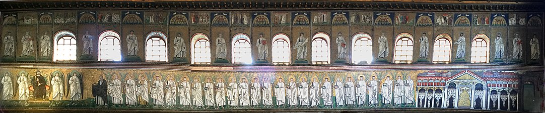 Panorama mozaika desnog bočnog zida u bazilici Sant Apollinaire Nuovo u Ravenni