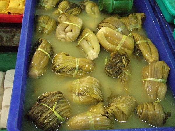 A tub of suancai made from Chinese mustard.