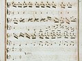 handgeschreven partituur in vervaagde rode en groene kleuren op de randen