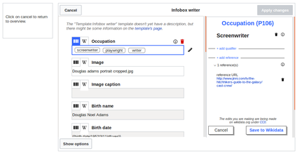 Screenshot of the first prototype of Wikidata infobox editing