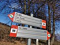 A guidepost tells to continue along the path through the meadow