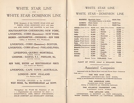 Services and fleet of the White Star Line, 1923