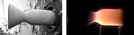 Silicon nitride rocket thruster. Left: Mounted in test stand. Right: Being tested with H2/O2 propellants.