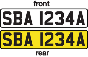 Black on white (front) and black on yellow (rear) number plate scheme Singapore licence plate 2000 front and rear.png