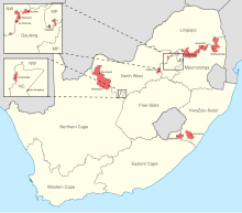Areas and boundaries affected by the Twelfth Amendment South Africa 2006 provincial border changes map.svg