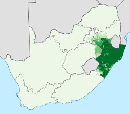 Map of South Africa showing the primary Zulu language speech area in green