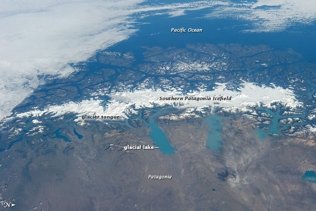 Southern Patagonia Ice Field from ISS, astronaut photo. North is to the right.
