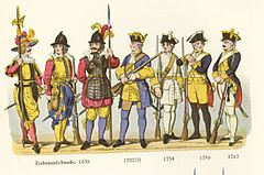 Various infantry of the 17th through 18th century (halberdier, arquebusier, pikeman, and mix of musketeers and grenadiers) of Duchy of Wurttemberg Tafel Io.jpg