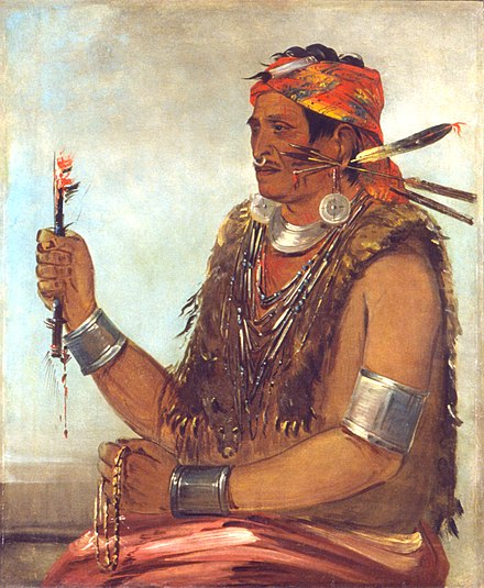 Tenskwatawa, Tecumseh's younger brother, founded a religious movement in 1805. (George Catlin, 1832)[49]