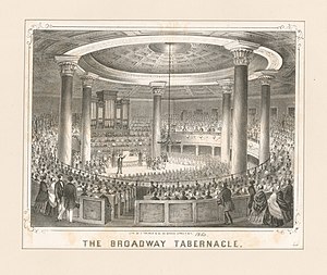 Black ink engraving on yellowed white paper of a large crowded round room with a tall dome ceiling