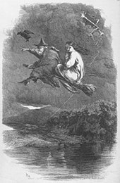 Two women flying on a broomstick above a large body of water against a dark sky, led by a large black bird. The older woman in front is dressed in a pointed hat and long black cloak, while the younger woman behind is dressed in white.